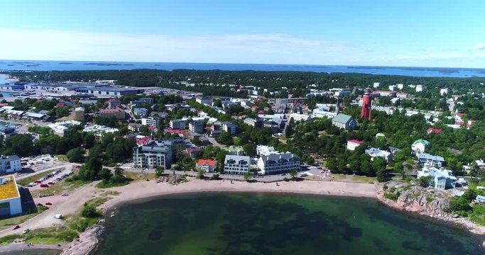 Hanko, Cinema 4k aerial view of hanko cityscape, bulevardi beach and east harbor, on Hango regatta day, in Uusimaa, Finland