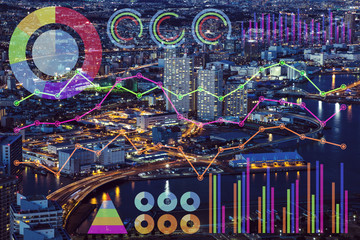 smart city and information technology abstract. modern buildings and various charts. mixed media.