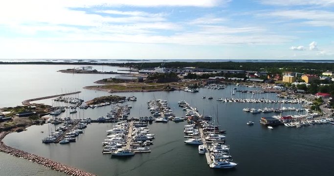 Hanko, Cinema 4k aerial view over a harbor full of boats, in ita-satama, Hanko, on Hango regatta day, in Uusimaa, Finland