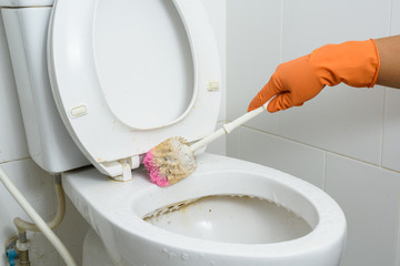 Hands in Orange gloves cleaning WC, Toilet, lavatory using brush