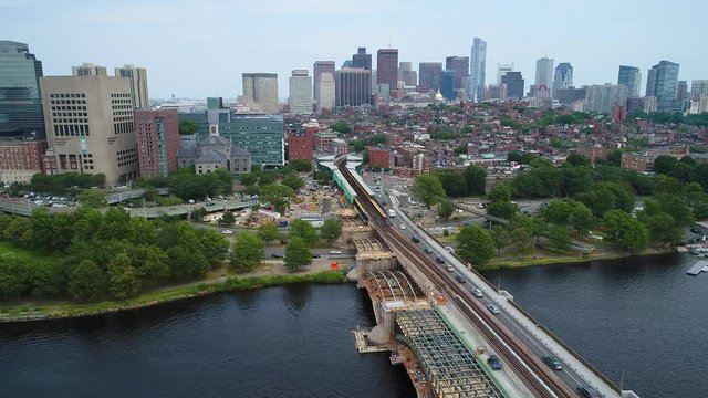 Aerial boston train tracks Downtown Boston 4k 60p