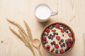 Healthy breakfast ingredients on wood table, Healthy food concept