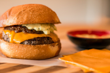 hamburguer artisan in table wood background