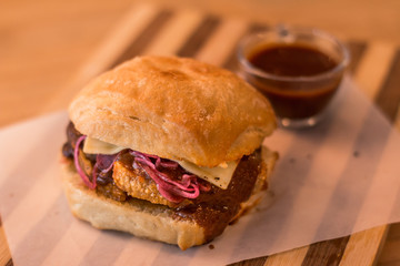 hamburguer artisan in table wood background