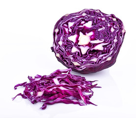 pile of cut red cabbage over white background