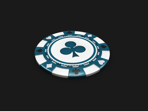Blue casino chip with clubs signes isolated balck background. 3d Illustration