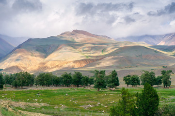 Sunset light pattern on hill top and slopes with cloudy sky in Altai