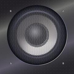 Background with sound speakers dynamics and metal mesh. Background of polished metal with flare, patches of light. Audio speaker on a shiny metal background with bolts. Illustration. 