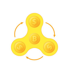 Spinner icon. Dollar and Bitcoin golden coins. Toy fidget to relieve stress. Vector illustration