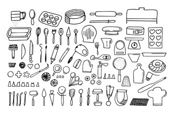 Fototapeta na wymiar Baking tools and essentials. Hand drawn bakery supplies. Line vector kitchen utensils icon set.