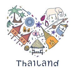 Hand drawn symbols of Thailand. Vector illustration.