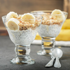Yogurt with Chia seeds, banana, nuts and granola. Healthy Breakfast. Selective focus