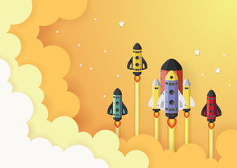 Start up concept. rocket flying on the sky,paper art