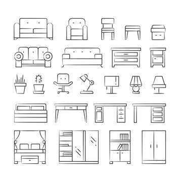 Hand Drawn Living Room Furniture Icons On White Background