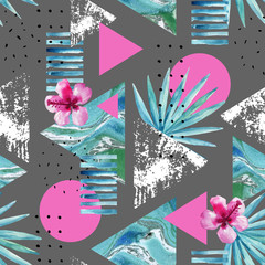 Abstract summer geometric background with exotic flower and leaves