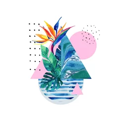 Foto op Plexiglas Abstracte zomer geometrische elementen met exotische bloemen en bladeren geïsoleerd op een witte achtergrond © Tanya Syrytsyna