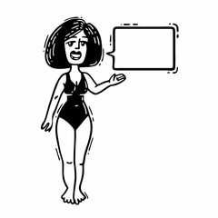 Black and white comics woman in a swimsuit speaks