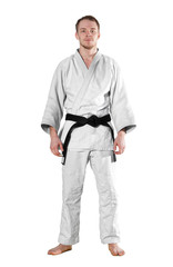 Naklejka premium One judoka fighter man on white