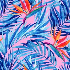 Garden poster Paradise tropical flower Watercolor tropical leaves and flowers summer seamless pattern.