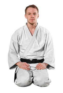 One judoka fighter man on white