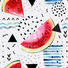 Wall murals Grafic prints Abstract watercolor summer background : watermelon, brush stroke, doodle, paper texture.