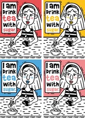 Set of comics poster I drink tea with sugar
