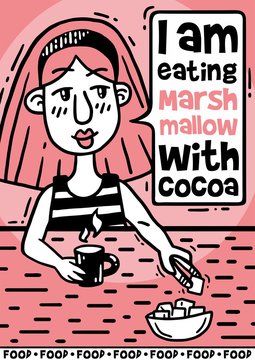 pink comics poster I eat marshmallow with cocoa