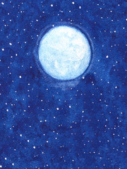 Naklejka na ściany i meble Hand painted watercolor shining moon with stars on the night sky illustration