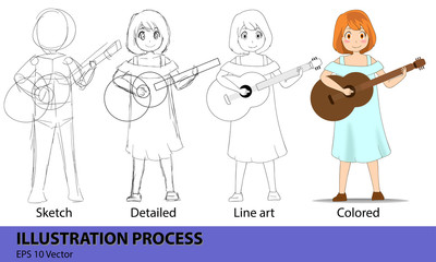 girl guitar musician drawing process step from sketch, detailed, line art and colored, vector illustration