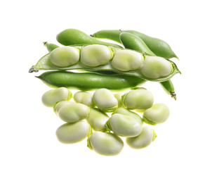 broad beans   pods and grains on an isolated white background