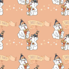 Vector Seamless pattern with cute bears on pink background.