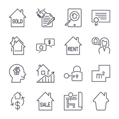 Real estate thin line art icons set. Residential and commercial building deals. Linear style symbols isolated on white. Icon set with editable stroke