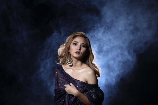 Asian Blonde wave Hair Woman, Portrait open shoulders with purple glitter