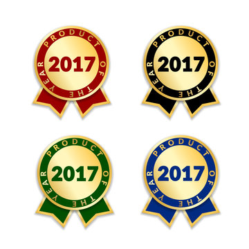 Ribbon awards best seller of year 2017 set. Gold ribbon award icons isolated white background. Best product golden label for prize, badge, medal, guarantee quality product Vector illustration