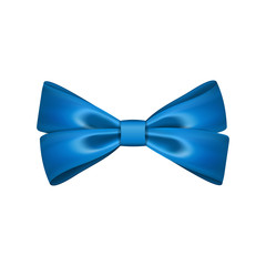 Gift bow ribbon silk. Blue bow tie isolated white background. 3D gift bow tie for Christmas present, holiday decoration, birthday celebration. Decorative satin ribbon element Vector illustration