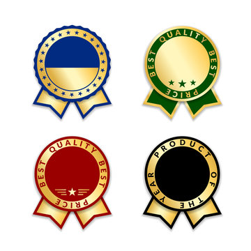 Ribbon award best price labels set. Gold ribbon award icons isolated white background. Best quality golden label for badge, medal, best choice, certificate guarantee product Vector illustration
