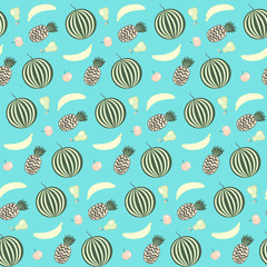 Nice contrast vector fruits seamless pattern on blue background, summer texture with watermelon, apple, banana, pineapple, pear for textile, wrapping paper, cover, surface, design, background