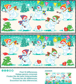 Christmas, winter or New Year visual puzzle: Find the ten differences between the two pictures of happy playful snowmen. Answer included.
