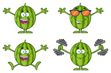 Green Watermelons Fruit Cartoon Mascot Character Series Set 2. Collection Isolated On White Background