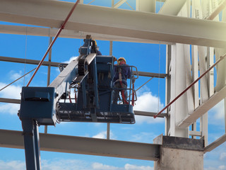 construction worker at construction site using lifting boom machinery