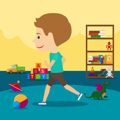 Boy runs around toys in kindergarten