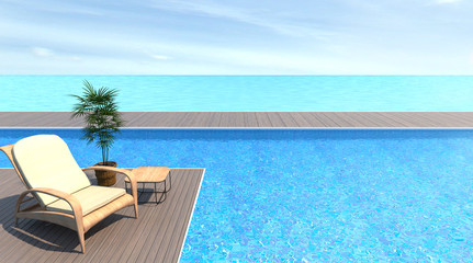 The empty exterior with Wood sofa swimming pool and sea 3d rendering Vacation time