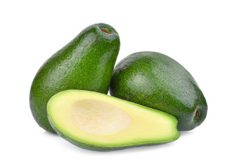 fresh whole and half avocado isolated on white background