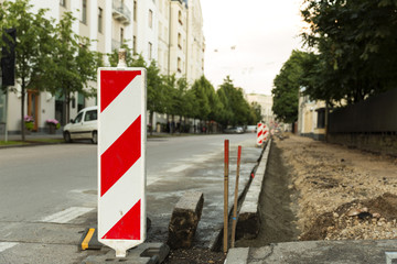 Traffic safety roadwork signs on the city street
