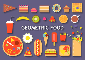 Vector set of various geometric food. Colorful fast food, ice cream, fruits, desserts on dark blue background.