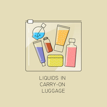 Vector thin line illustration of the permissible packaging of liquid in carry-on luggage in airport. Transparent plastic bag with colored bottles inside.