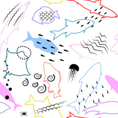 Vector seamless hand drawn pattern of colorful fish outlines and underwater structures on white background.