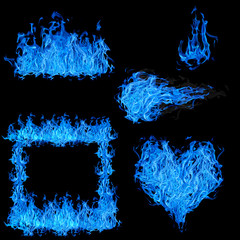 set of blue fire elements collection on black
