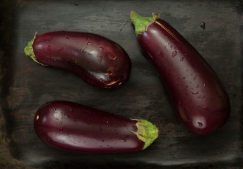 Three wet ripe eggplants