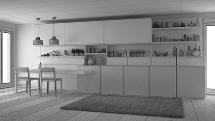Unfinished project of minimalistic modern kitchen with wooden details, sketch abstract interior design